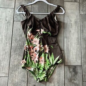 Vintage Sandcastle One Piece Swimsuit women’s brown polkadot floral 18